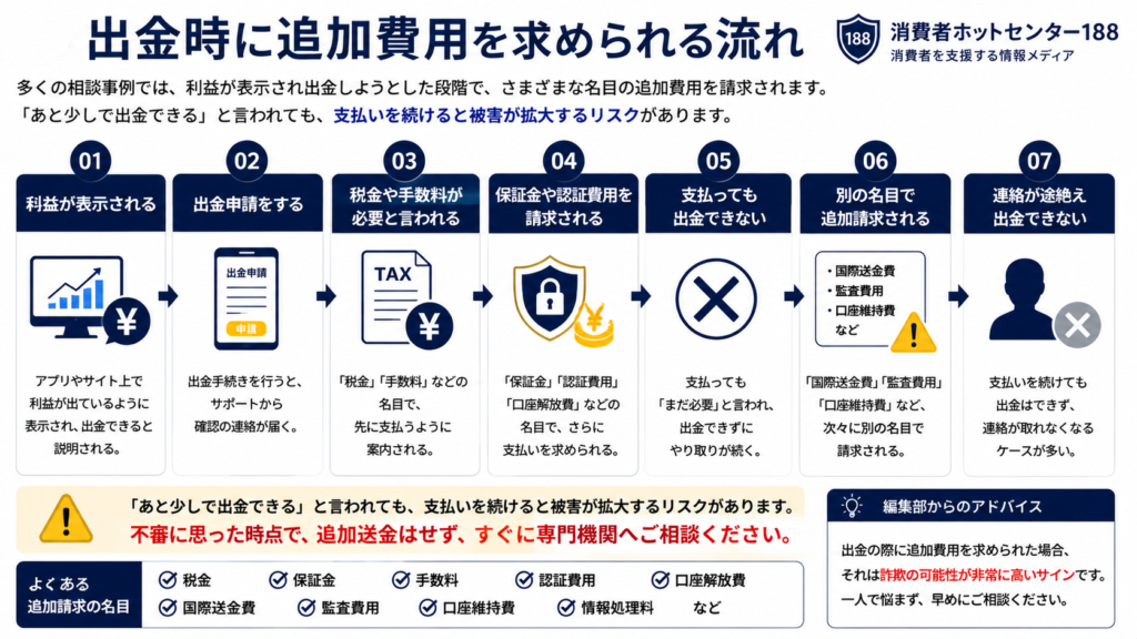 出金時に税金や保証金などの追加費用を請求される流れをまとめた図解