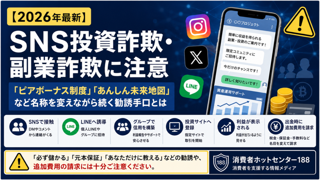 【2026年最新】SNS投資詐欺・副業詐欺に注意｜「ピアボーナス制度」「あんしん未来地図」など名称を変えながら続く勧誘手口とは