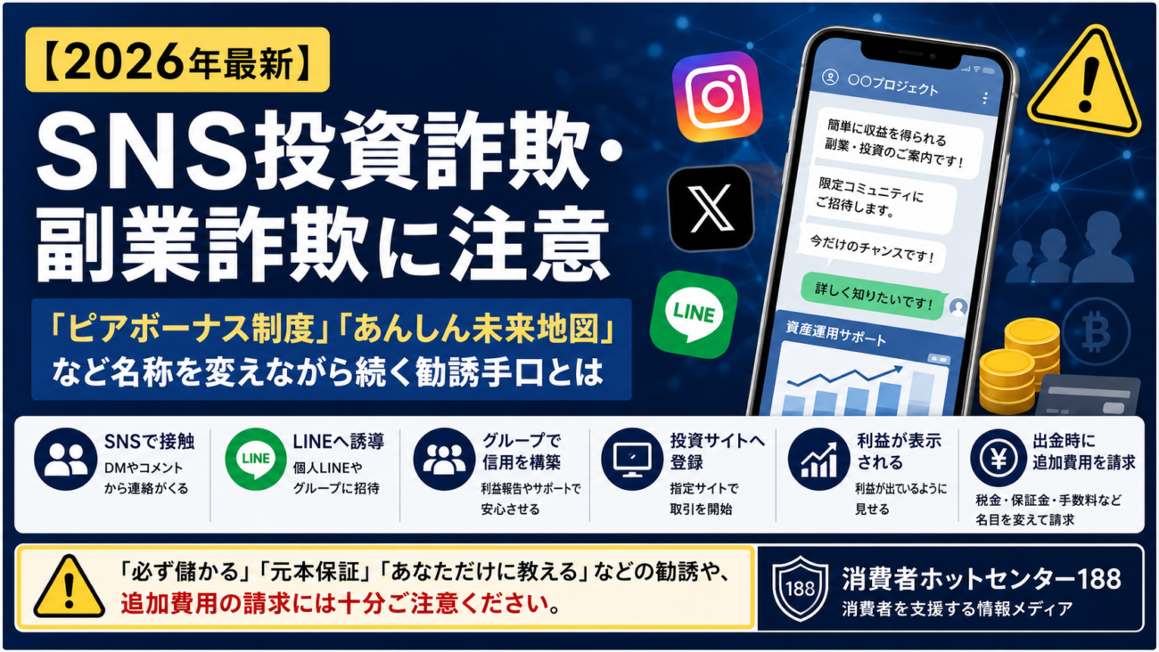 【2026年最新】SNS投資詐欺・副業詐欺に注意｜「ピアボーナス制度」「あんしん未来地図」など名称を変えながら続く勧誘手口とは