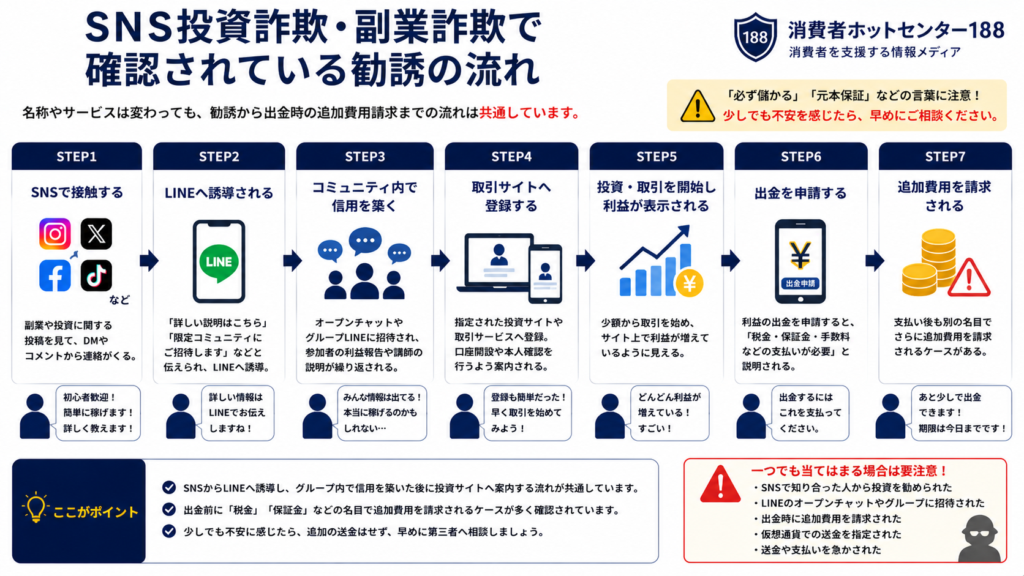 SNS投資詐欺・副業詐欺で確認されている勧誘の流れをまとめた図解