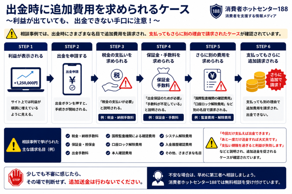出金時に税金や保証金などの追加費用を請求される流れをまとめた図解