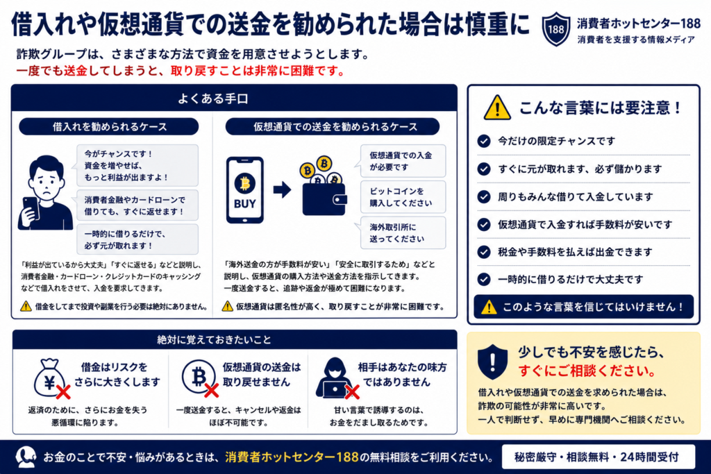 借入れや仮想通貨での送金を勧められた場合の注意点をまとめた図