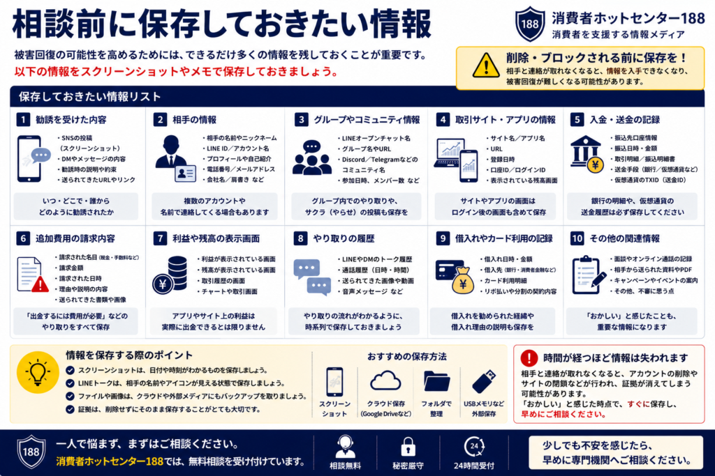 相談前に保存しておきたいスクリーンショットや送金履歴などの情報をまとめた図