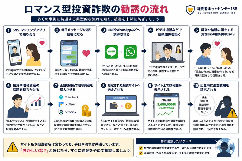 ロマンス型投資詐欺の勧誘の流れを解説した図|SNS・マッチングアプリから暗号資産投資へ誘導し、出金時に追加費用を請求する手口