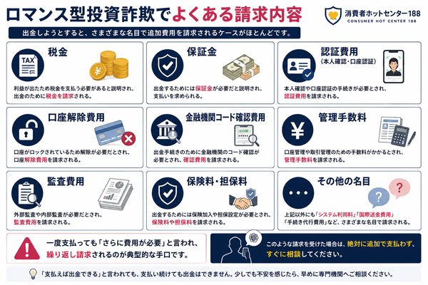 ロマンス型投資詐欺の出金トラブルを解説|税金・保証金・認証費用・管理手数料など、追加費用を請求する手口をまとめた図