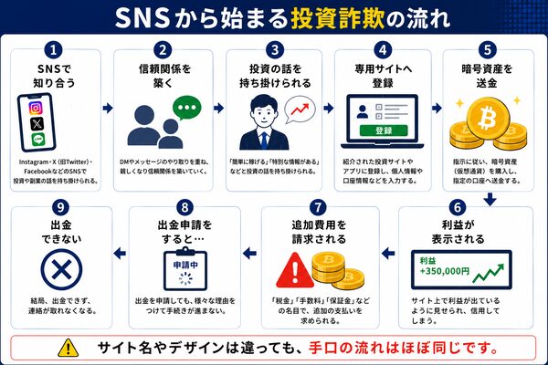 SNSから始まる投資詐欺の流れを解説した図|SNSやLINEで勧誘され、投資サイトへ登録、暗号資産を送金し、利益表示後に追加費用を請求され、出金できなくなるまでの手口を紹介