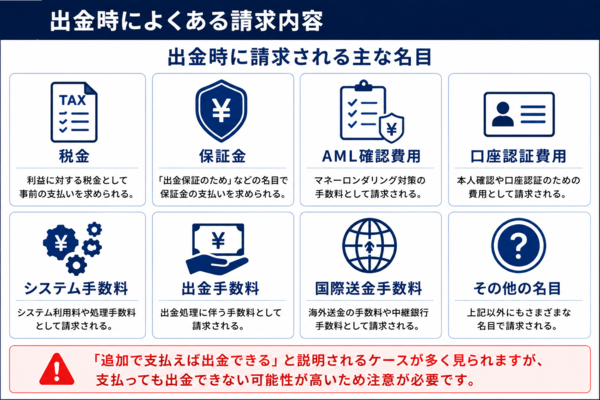 投資詐欺で出金時によく請求される費用を解説した図|税金・保証金・AML確認費用・口座認証費用などの名目を紹介