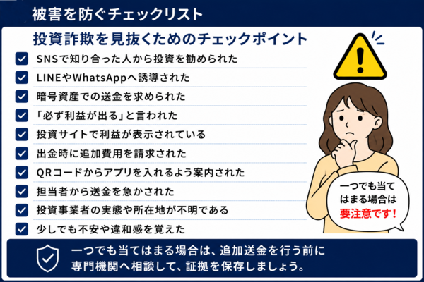 投資詐欺を見抜くためのチェックリストをまとめた図|SNS・LINE勧誘や暗号資産送金などの危険なサインを解説